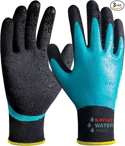 KAYGO Waterproof Work Gloves for Men and Women, Rubber Coated Non-slip Working Gloves for Garden, Outdoor Construction,3 pairs,Blue,L