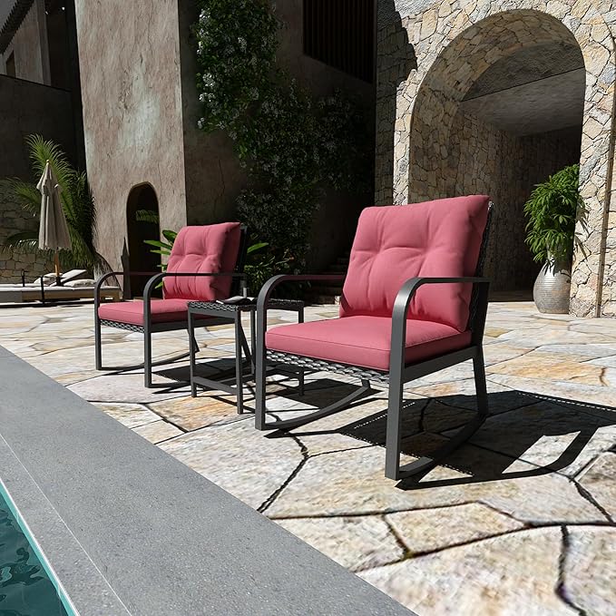 Bistro 3 Piece Patio Furniture Set, Patio Table and Rattan Outdoor Rocking Chairs Set of 2, Outdoor Bistro Conversation Set for Garden, Balcony, Poolside, Backyard, Red