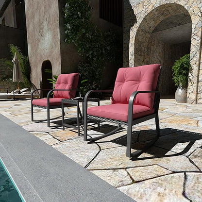 Bistro 3 Piece Patio Furniture Set, Patio Table and Rattan Outdoor Rocking Chairs Set of 2, Outdoor Bistro Conversation Set for Garden, Balcony, Poolside, Backyard, Red