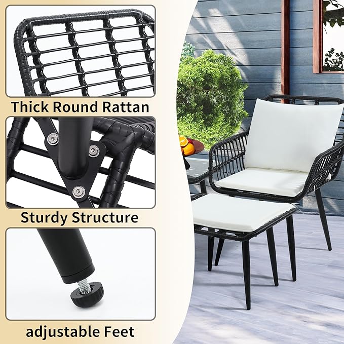 5 Piece Wicker Bistro Patio Conversation Furniture Set, Includes 2 Chairs, 2 Ottomans, and Side Table, Ideal for Porch, Balcony, Deck, Backyard, Black