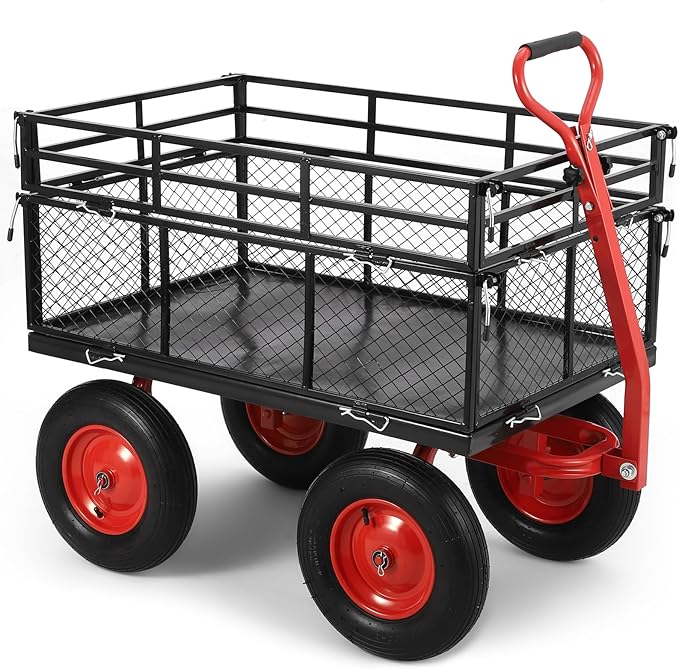 1400 LBS Steel Garden Yard Cart, Heavy-Duty Metal Garden Wagon Convertible 2-in-1 Handle and Removable Sides to Convert into Flatbed Lawn and Utility Wagons Cart