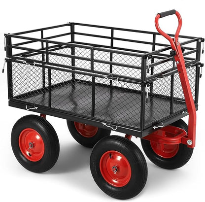 1400 LBS Steel Garden Yard Cart, Heavy-Duty Metal Garden Wagon Convertible 2-in-1 Handle and Removable Sides to Convert into Flatbed Lawn and Utility Wagons Cart