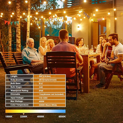 OHLUX Outdoor String Lights, 55FT Shatterproof LED Patio Lights with 26 Dimmable Plastic G40 Bulbs, 2200K Waterproof Connectable Hanging String for Backyard, Cafe, Porch, Deck, E12 Base