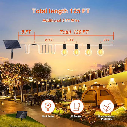 Stright Solar String Light for Outside 120FT with with USB Charging & Remote, Weatherproof Shatterproof LED G40 Bulb 50 Socket, Dimmable & Timable Solar Powered Patio Lights for Porch Backyard Garden
