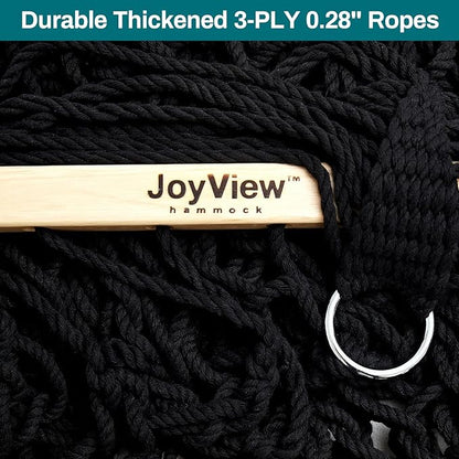 JoyView Traditional Rope Double Hammock - Hand Woven Cotton Hammock with Hardwood Spreader Bar and Pillow 450lb Capacity for Outdoor Indoor Patio Yard - Black