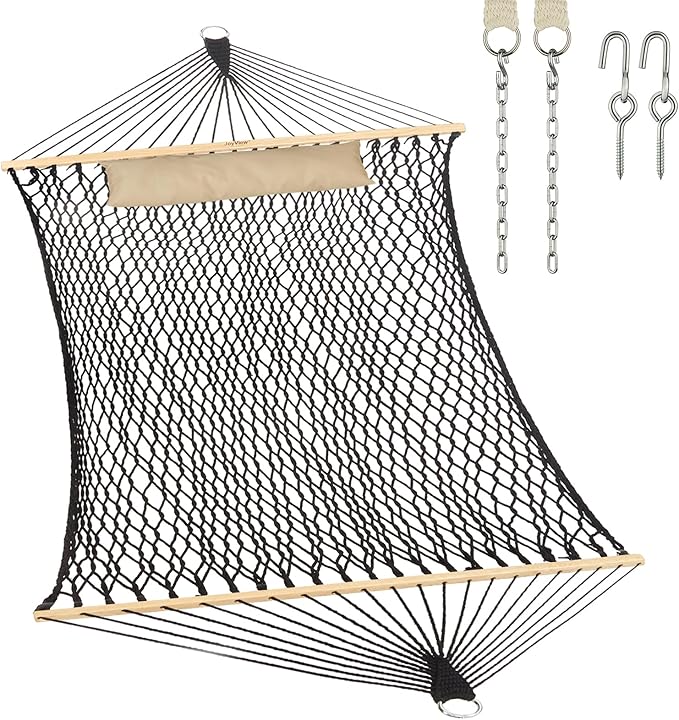 JoyView Traditional Rope Double Hammock - Hand Woven Cotton Hammock with Hardwood Spreader Bar and Pillow 450lb Capacity for Outdoor Indoor Patio Yard - Black