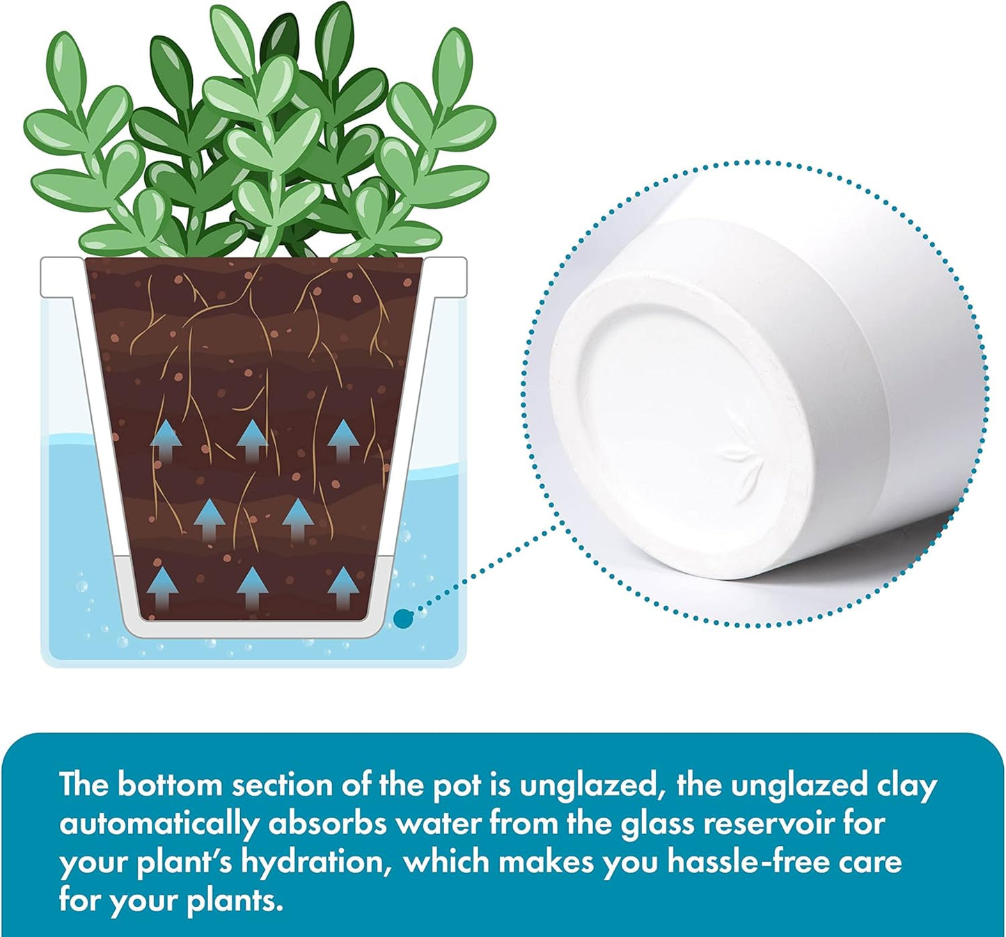 D'vine Dev 4 Inch Design Self Watering Planter for Indoor Plants, White Terracotta Pots with Cylinder Glass Cup, Set of 4, 37-Z-A-2-F