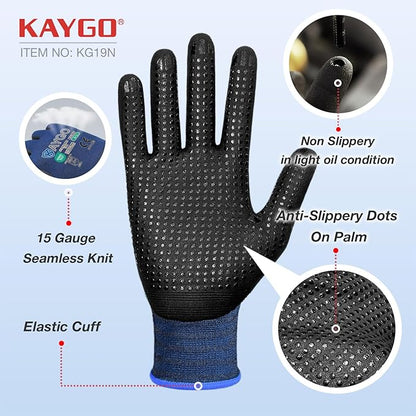 KAYGO MicroFoam Nitrile Coated Work Gloves, 12 Pairs KG19N Seamless Knit Nylon, Micro Dots for Enhanced Grip, Breathable and Durable, Ideal for Automotive, General Assembly, Painting, Blue, M