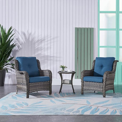 Rilyson Patio Bistro Set Wicker Chairs - 3 Piece Outdoor Rattan Conversation Set with 2 Armrest Chair and 1 Side Table for Proch Deck Garden Backyard Balcony(Mixed Grey/Blue)
