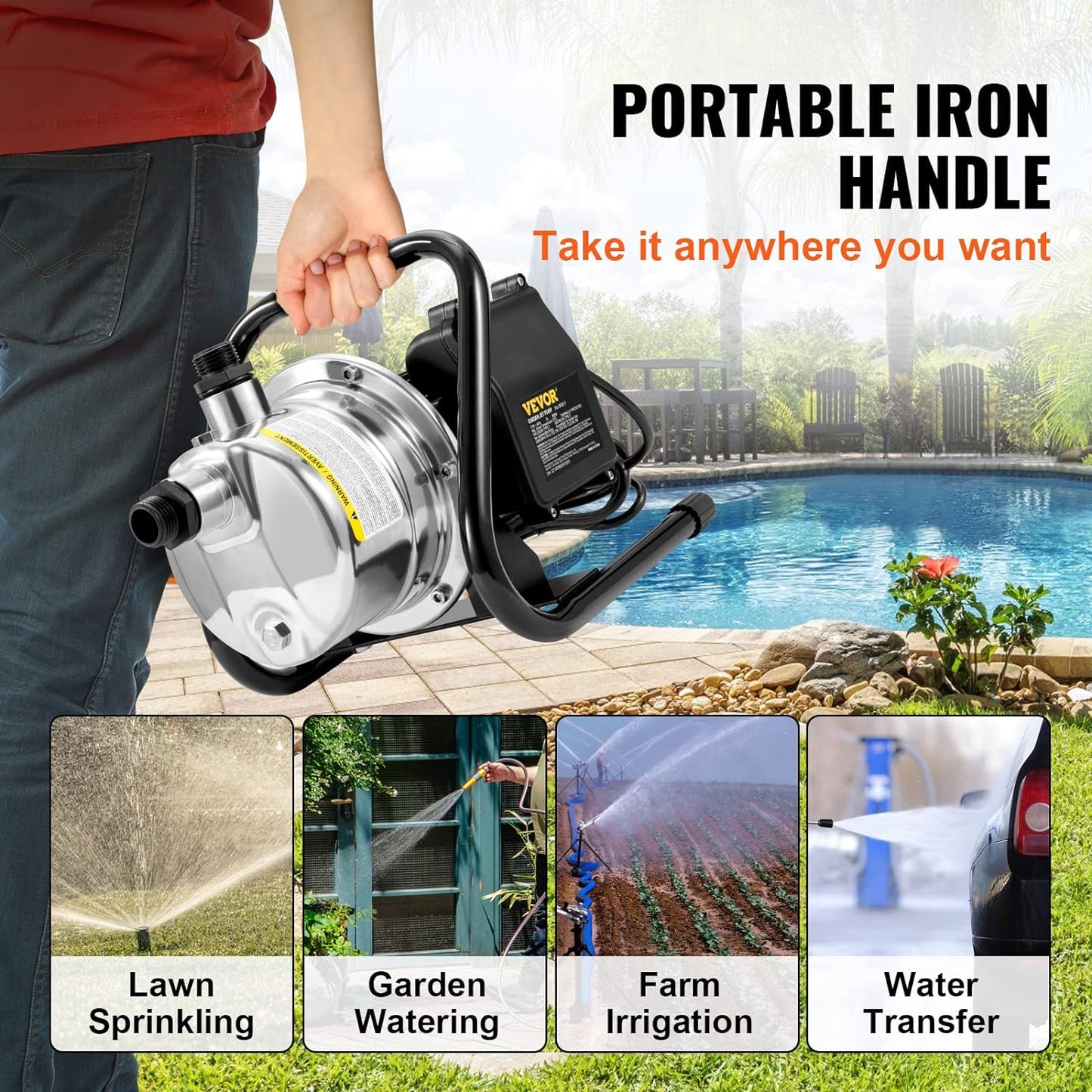 VEVOR 1.5 HP Portable Shallow Well Pump, 1200 GPH Garden Jet Pump, 115V, 164 ft Height, Stainless Steel Sprinkler Booster Pumps for Garden Lawn Irrigation system, Lake Fountain, Water Transfer