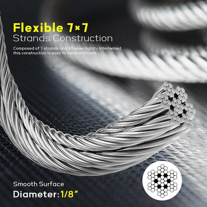 1000FT 1/8" T316 Stainless Steel Cable, Wire Rope Aircraft Cable for Deck Cable Railing Kit and DIY Balustrades, 7x7 Strands Construction, Comes with a Cutter