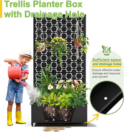 FENCY Metal Raised Garden Bed with Wheels and Trellis,73"x35"x16" Planter Box for Climbing Plants, Vegetables & Vines, Features Privacy Screen and Drainage Holes (Black-Square)