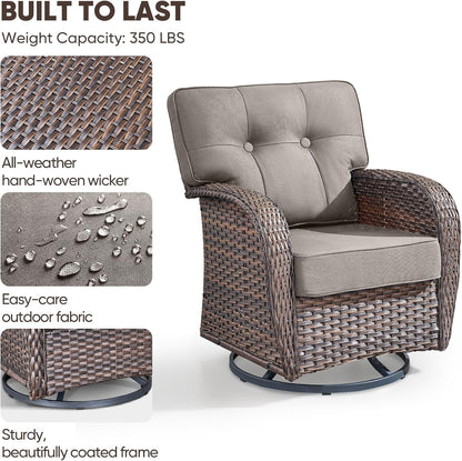 4-Piece Rotating Balcony Chair Set with 31-inch T-Shaped Wide backrest - Rattan Outdoor Rotating Balcony Chairs, Wide backrest Comfortable Outdoor Sliding Chair - Brown | Grey