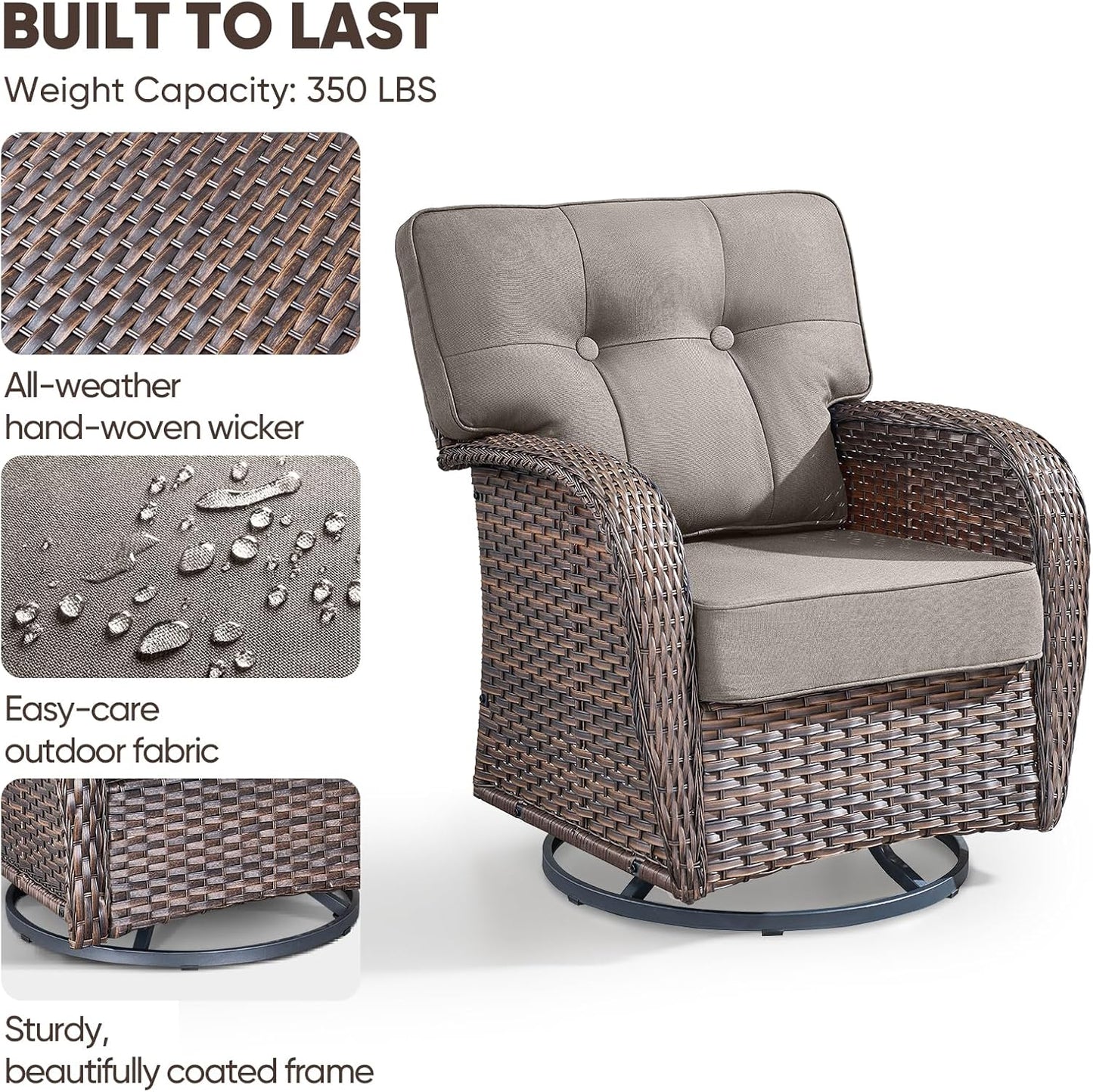 6-Piece Rotating Balcony Chair Set with 31-inch T-Shaped Wide backrest - Rattan Outdoor Rotating Balcony Chairs, Wide backrest Comfortable Outdoor Sliding Chair - Brown | Grey