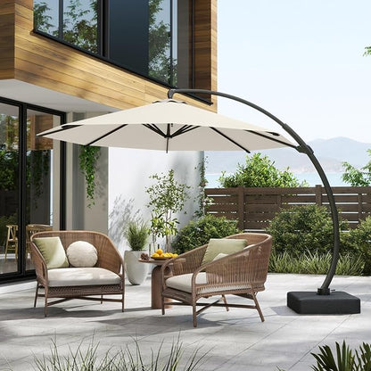 12FT Cantilever Umbrella with Base Large Curvy Outdoor Aluminum Offset Umbrella w/ 360° Rotation, UV Resistant Canopy for Patio, Garden, Backyard, Creamy White