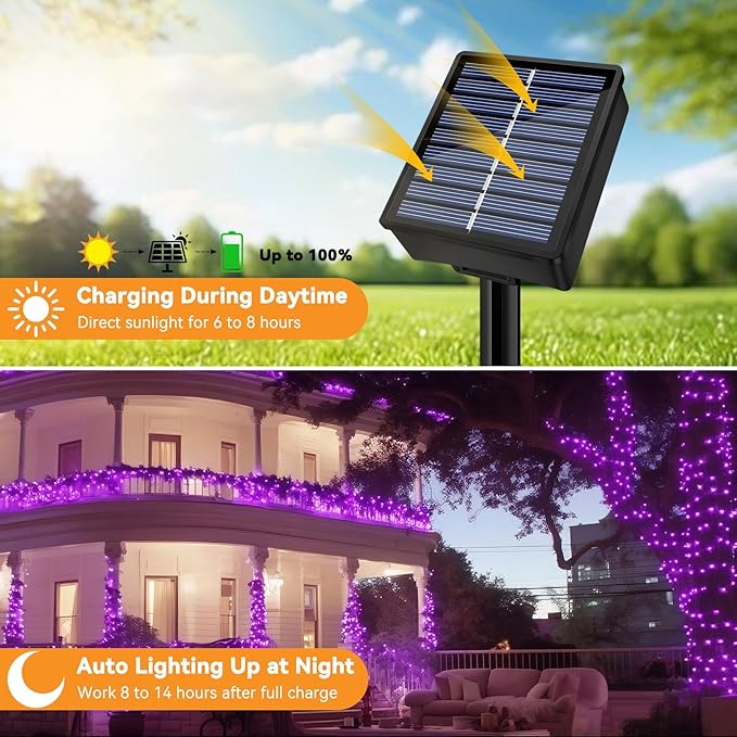 Solar String Lights Outdoor Waterproof 2 Pack Total 66ft 200LED 8 Modes Twinkle Lights Solar Fairy Lights for Patio, Garden Yard Party Wedding Tree Christmas Halloween Decoration, Purple