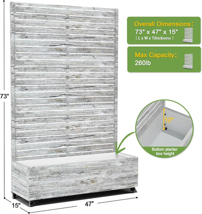 FENCY Metal Raised Garden Bed with Wheels and Trellis,73"x47"x16" Planter Box for Climbing Plants, Vegetables & Vines, Features Privacy Screen and Drainage Holes (White Wood Color)