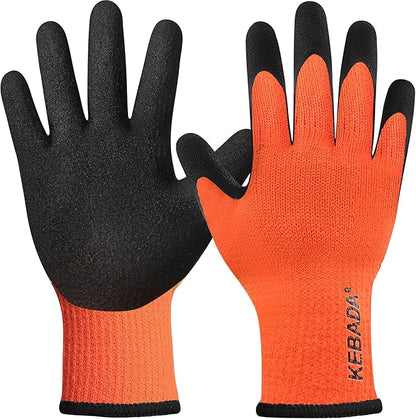 Kebada T3 Winter Work Gloves for Men and Women, Warm Knit Cold Weather Work Gloves, Thermal Insulated Freezer Gloves, 100% Latex Coating Non-slip Grip, Long Wrist Design, 1 Pair, Orange, X-Large