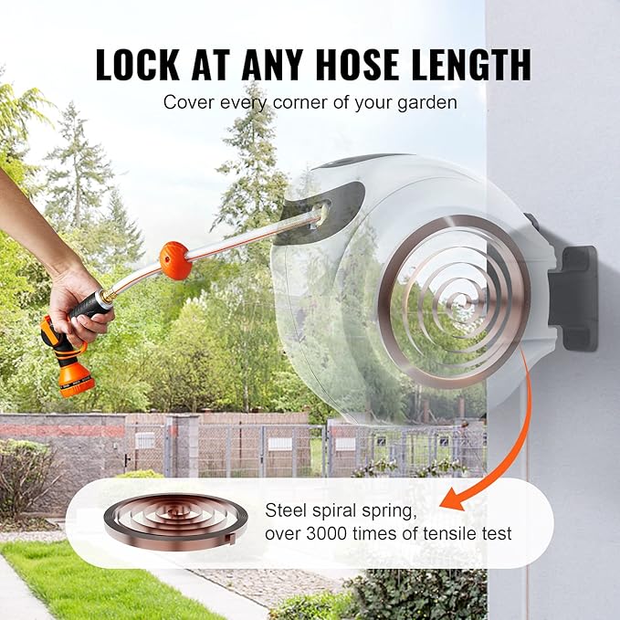 VEVOR Retractable Hose Reel, 65 ft x 5/8 inch, 180° Swivel Bracket Wall-Mounted, Garden Water Hose Reel with 9-Pattern Nozzle, Automatic Rewind, Lock at Any Length, and Slow Return System