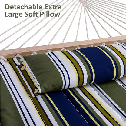 SUNCREAT Double Hammock, Extra Large Quilted Fabric Swing with Hardwood Spreader Bars & Detachable Pillow, Heavy Duty, Perfect for Indoor/Outdoor Patio, Deck, Yard, Blue&Aqua