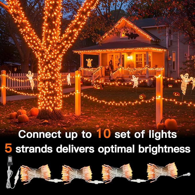 suddus Orange String Lights Outdoor with Remote, 33ft 100 LED Connectable Waterproof Halloween Lights Plug in, Dimmable Clear Wire Fairy Lights for Fall,Thanksgiving, Party, Tree, Garden, Porch Decor