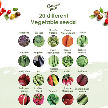 Garden Pack 20 Vegetable Seeds Varieties – High Yield Garden Seeds for Planting Vegetables – Over 8,000 Premium, Non-GMO Heirloom Seed for Outdoor & Indoor Garden