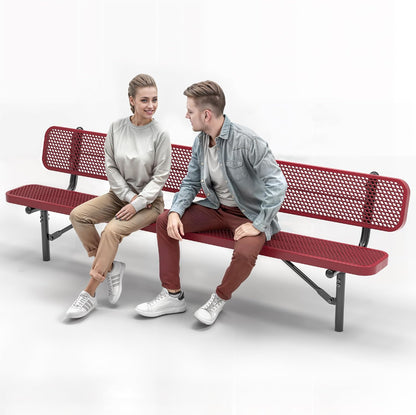 Heavy-Duty Outdoor Metal Bench, Thermoplastic-Coated, Inground, Weatherproof, Commercial-Grade for Parks, Gardens, Patios, Stores & More (8 Ft - Inground with Back, Red)