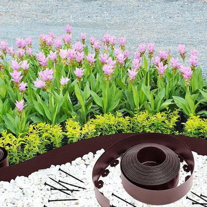 Landscape Edging Coil 33 FT, 4 Inch Tall Garden Edging Border Flexible Lawn Edging Kit with 30 Spikes, Plastic Edging for Landscaping Flower Beds Yard Pathway Paver Edging (4IN x 33FT, Brown)