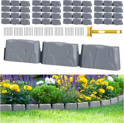16Pcs Landscape Edging(24 Foot) with 48 Pieces 8-inch Spikes | 3 Inch Tall Faux Stone Edging for Landscaping | Faux Stone Edging Bricks for Flower Bed,Lawn,Yard,Weed Barrier(Dark Grey)