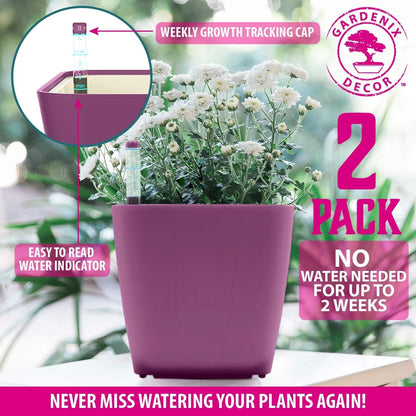 5" Self Watering pots for Indoor Plants - Flower Pot with Water Level Indicator for Plants, Grow Tracking Tool - Self Watering Planter Plant Pot – 2 Pack Purple