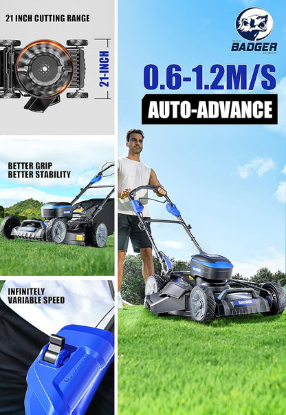 WILD BADGER POWER Lawn Mower Self Propelled 40V Brushless 21" Cordless, 7 Cutting Height Adjustments Electric Lawn Mower, Quickly Folding, 2 * 4.0Ah Battery and1*2Ah Super Charger Included