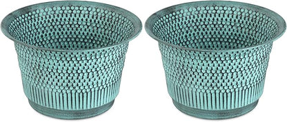 BIRDROCK HOME 2 Pack 9.5" Beaded Planter - Indoor or Outdoor Plant Flower - Flowers Plants Trees Porch Garden Pots - Rust and Weather Resistant - Faux Patina