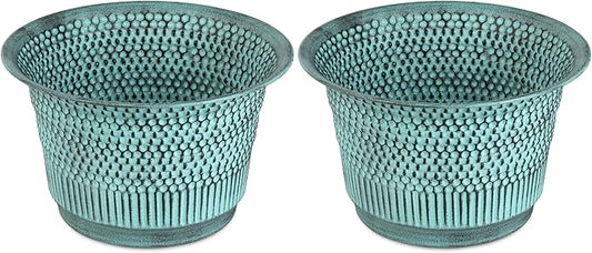 BIRDROCK HOME 2 Pack 9.5" Beaded Planter - Indoor or Outdoor Plant Flower - Flowers Plants Trees Porch Garden Pots - Rust and Weather Resistant - Faux Patina