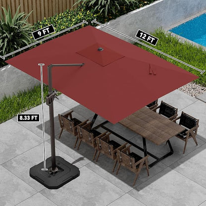 9' X 12' Cantilever Patio Umbrella with Base Included 360°Rotation Rectangular Outdoor Large Offset Umbrellas Heavy Duty Windproof for Garden Deck Pool, Red