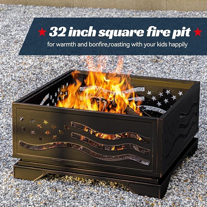 32Inch Square-Shaped Fire Pit,Outdoor Fire Pits with Spark Screen&Poker,Metal Square Wood Burning Firepits for Outside,Backyard,Bonfire,Patio,Party,Garden,Picnic and Camping(Antique Bronze)