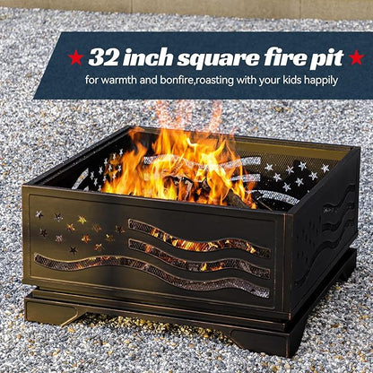 32Inch Square-Shaped Fire Pit,Outdoor Fire Pits with Spark Screen&Poker,Metal Square Wood Burning Firepits for Outside,Backyard,Bonfire,Patio,Party,Garden,Picnic and Camping(Antique Bronze)