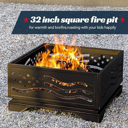 32Inch Square-Shaped Fire Pit,Outdoor Fire Pits with Spark Screen&Poker,Metal Square Wood Burning Firepits for Outside,Backyard,Bonfire,Patio,Party,Garden,Picnic and Camping(Antique Bronze)
