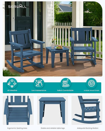 SERWALL Outdoor Rocking Bistro Set, HDPE Patio Furniture Set, Porch Rocking Chair Set with Table for Backyard, Balcony, and Garden- Blue