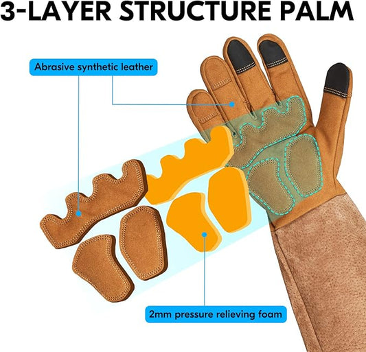Vgo... Safety Work Gloves Men, Extended Pig Split Leather Cuff,Synthetic Leather, Rose Pruning Thorn Proof,Gardening (1 Pair,Size XL, Brown,SL6592M)