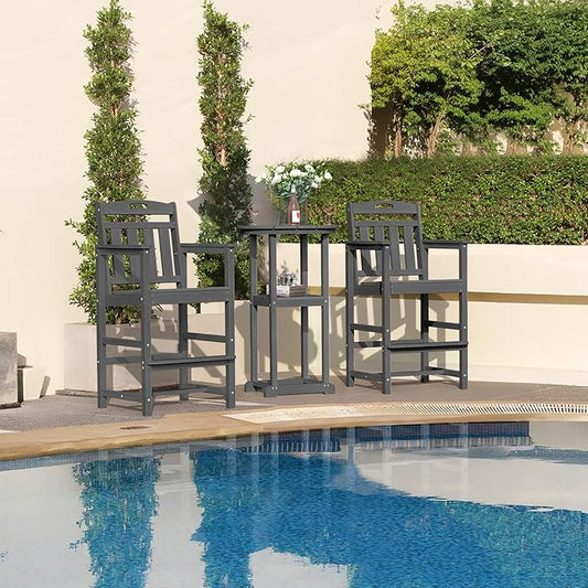 HDPE Outdoor Patio Bar Set with Bar Height Table and 2 Adirondack Chairs, All-Weather High Top Outside Round Pub Furniture for Bistro, Garden, Backyard, Deck | 3-Pieces, Grey