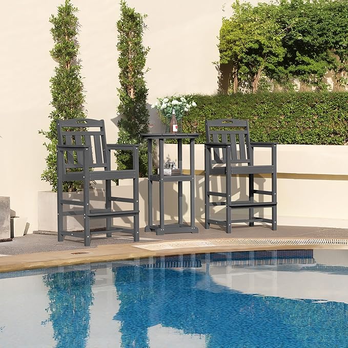 HDPE Outdoor Patio Tall Adirondack Bar Chairs Set of 2, All-Weather Bar Height Balcony Adirondack Stools for Bistro, Garden, Backyard, Pool, Deck | Grey