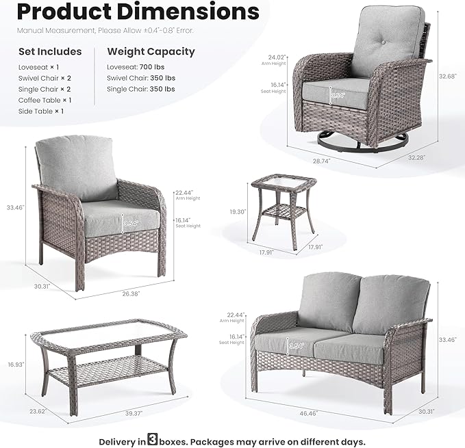 ovios 7 Pieces Patio Furniture Set, Outdoor Wicker Sofa with Swivel Chairs, Coffee Table, All Weather High Back Rattan Loveseat Couch with Comfy Cushions, Dark Grey