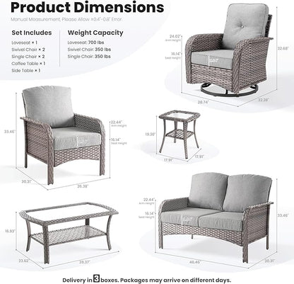 ovios 7 Pieces Patio Furniture Set, Outdoor Wicker Sofa with Swivel Chairs, Coffee Table, All Weather High Back Rattan Loveseat Couch with Comfy Cushions, Dark Grey