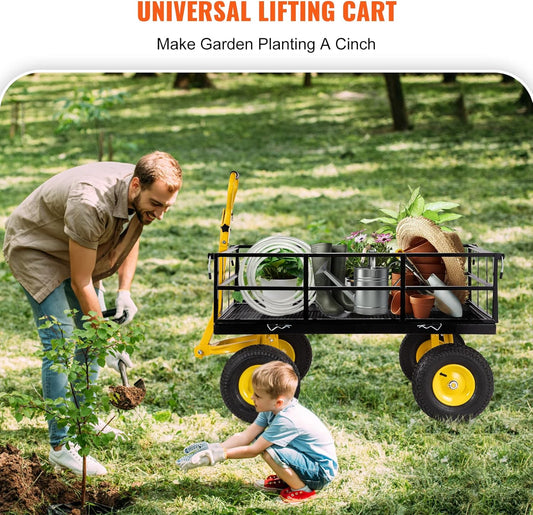 VEVOR Steel Garden Cart, Heavy Duty 1200 lbs Capacity, with Removable Mesh Sides to Convert into Flatbed, Utility Metal Wagon with 2-in-1 Handle and 13 in Tires, Perfect for Garden, Farm, Yard