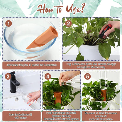 6 Sets Plant Watering Devices Include Terracotta Self Watering Spikes and 26 oz Plastic Bottles, Slow Release Vacation Insert Automatic Plant Waterer Device (Green Clear Brown and Terracotta)