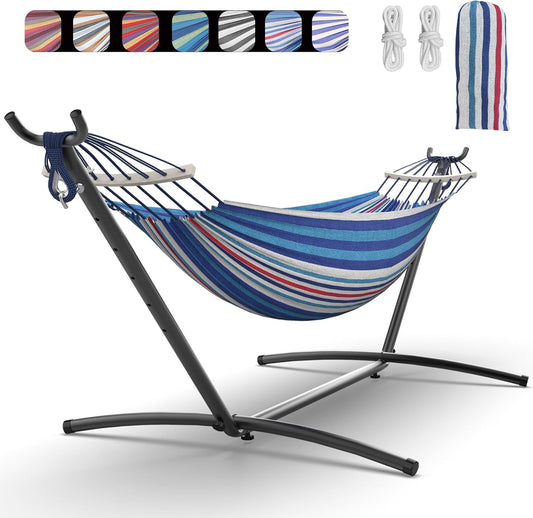 Double Hammock with Heavy-Duty Steel Stand,Portable,Easy Assembly,600lbs Weight Capacity,Suit for Indoor,Yard,Camping,or Outdoor-Fine Blue