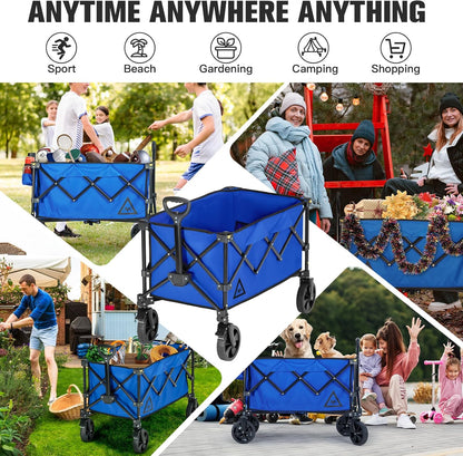 Wagon Cart Shopping Foldable Folding Collapsible with Wheels Big On Beach Garden Outdoor Grocery Heavy Duty Utility All Terrain Portable Wagons Carts for Groceries Sand Camping Sports Blue
