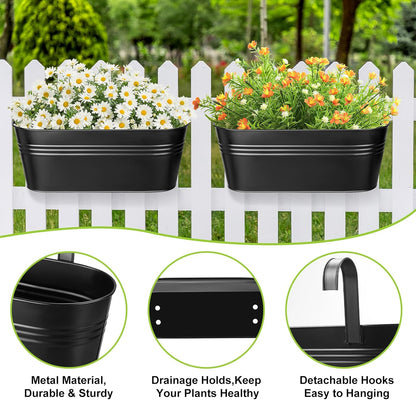 3 Pcs Large Balcony Planters Railing Hanging Flower Pots- 16.2 Inch Metal Railing Planter Box Fence Planters for Outdoor Plants with Detachable Hooks and Drain Holes for Garden Decor (Black-16.2inch)