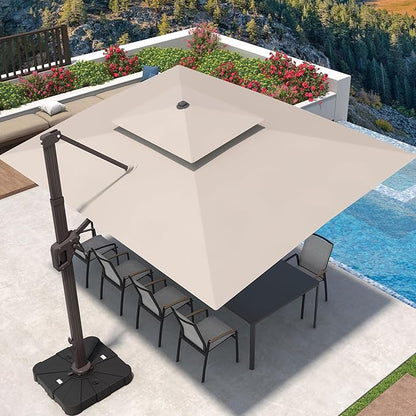 9' X 12' Cantilever Patio Umbrella with Base Included 360°Rotation Rectangular Outdoor Large Offset Umbrellas Double Top Heavy Duty Windproof for Garden Deck Pool, Beige
