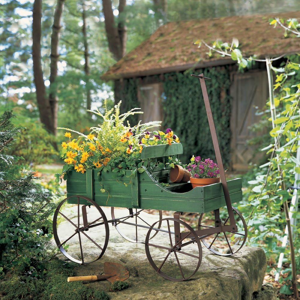 Collections Etc Amish Wagon Decorative Indoor/Outdoor Garden Backyard Planter, Green